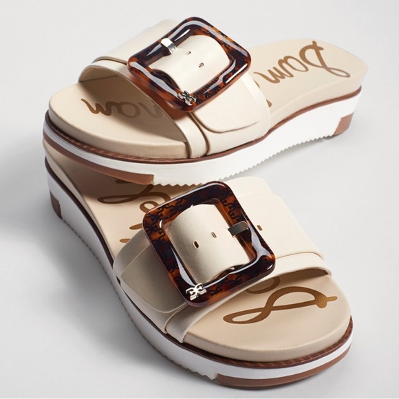 Sam Edelman Shoes - Sam Edelman Cream Slide Sandals with Tortoiseshell Buckles